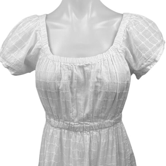 Mango MNG White Puff Sleeve Embroidered Checkered Tiered Midi A-Line Dress Sz 6 - Picture 10 of 12